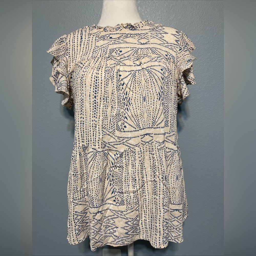 JODIFL‎ Abstract Ruffle Sleeve Top Blouse Women’s Size M Rayon Blue Cream